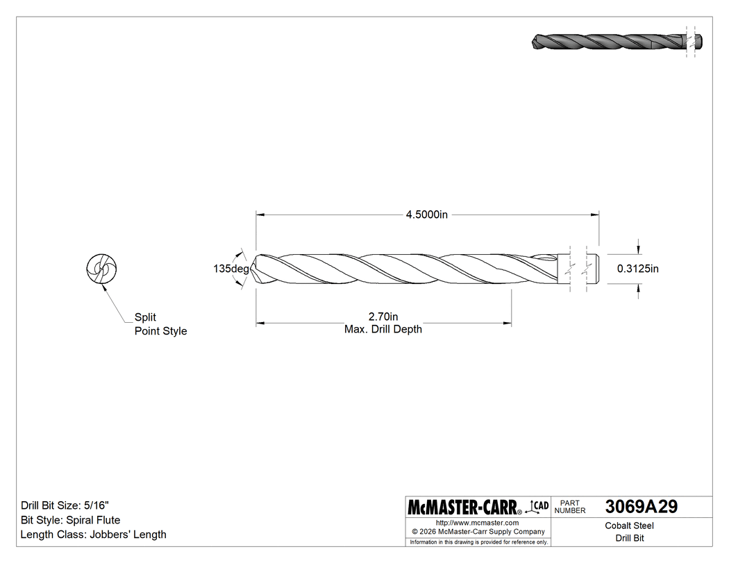 Technical Drawing of Cobalt Steel Drill Bit, 5/16" Size.